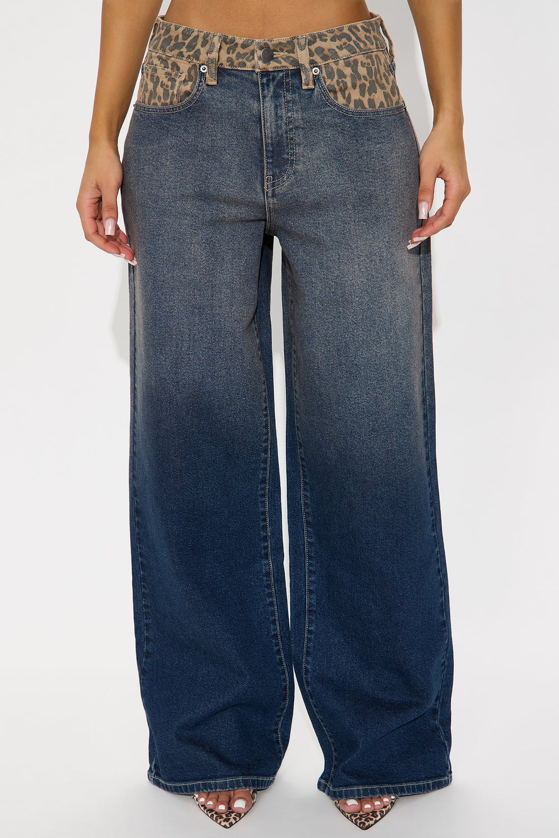 Wild At Heart Leopard Contrast Wide Leg Jeans - Dark Wash