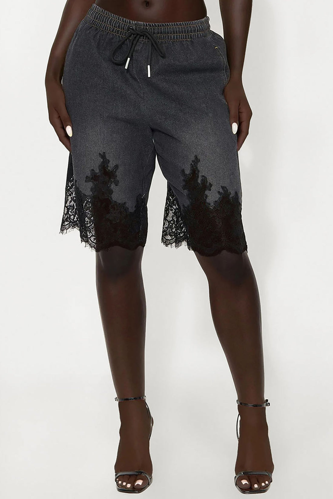 Making Things Happen Lace Trim Denim Jorts - Black Wash