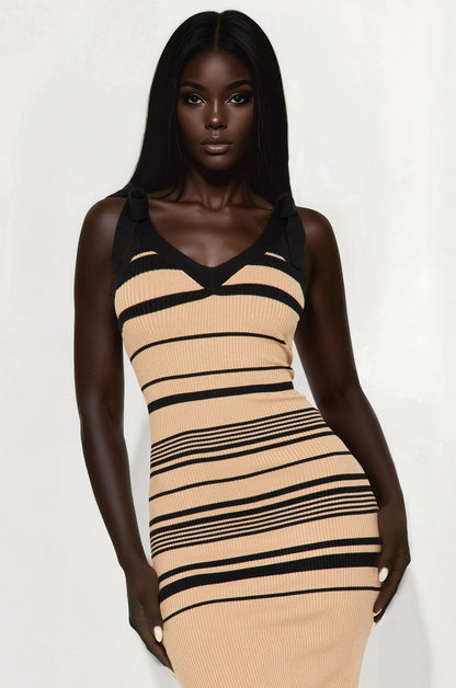 Courtney Striped Sweater Midi Dress - Taupe