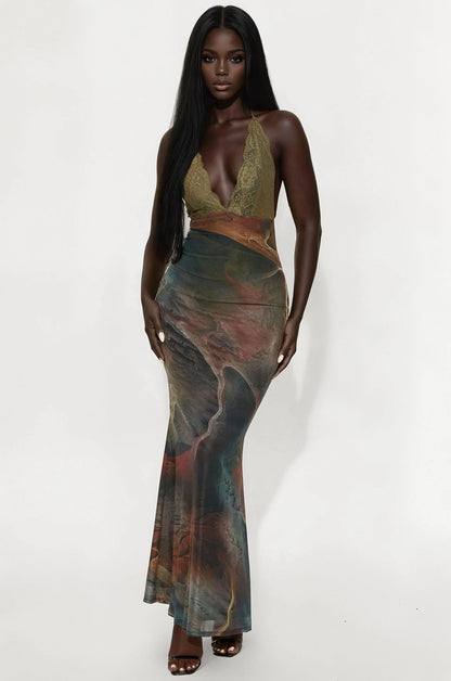Hailey Backless Mesh Maxi Dress - Olive/combo