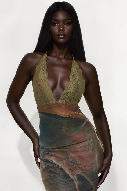 Hailey Backless Mesh Maxi Dress - Olive/combo