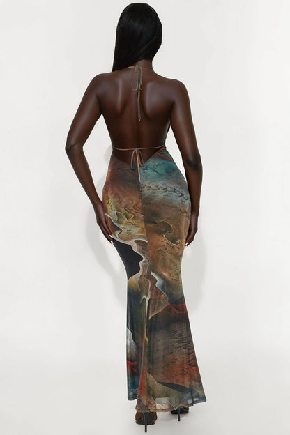 Hailey Backless Mesh Maxi Dress - Olive/combo