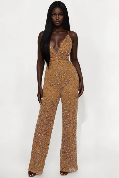 Lost In You Crochet Wide Leg Jumpsuit - Mocha/combo