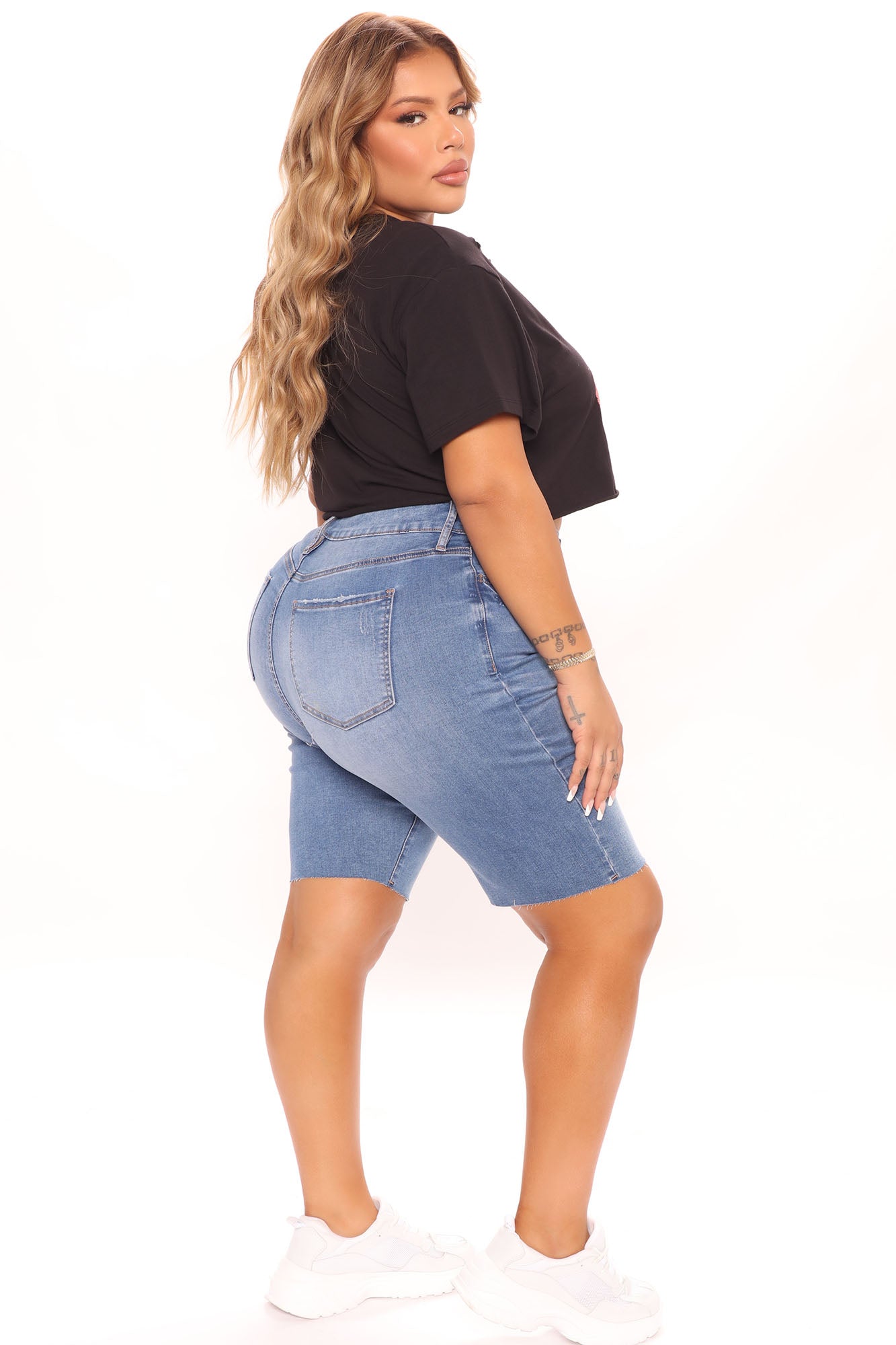 Clock Strikes Midnight Stretch Denim Bermudas - Medium Blue Wash
