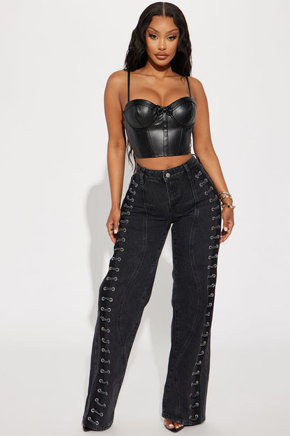 Mind Games Lace Up Non Stretch Straight Leg Jean - Black Wash
