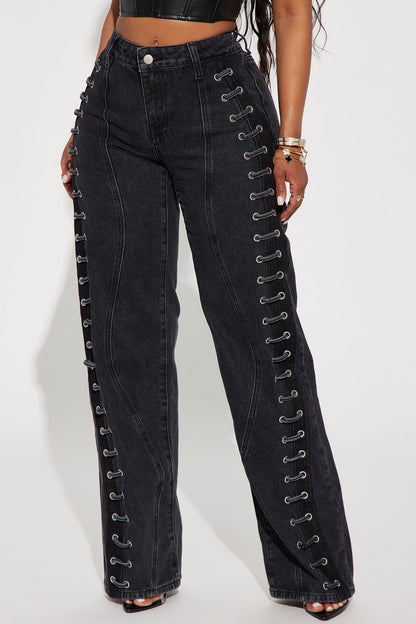 Mind Games Lace Up Non Stretch Straight Leg Jean - Black Wash