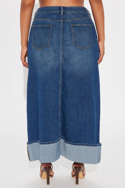 Loulou Mid Rise Denim Cuffed Hem Ankle Maxi Skirt - Medium Wash