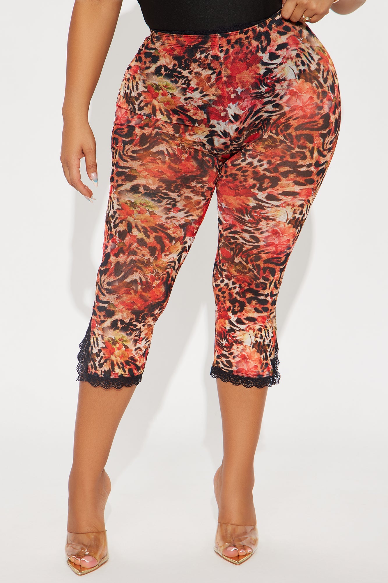 Fierce Look Leopard Mesh Capri Legging - Orange/combo