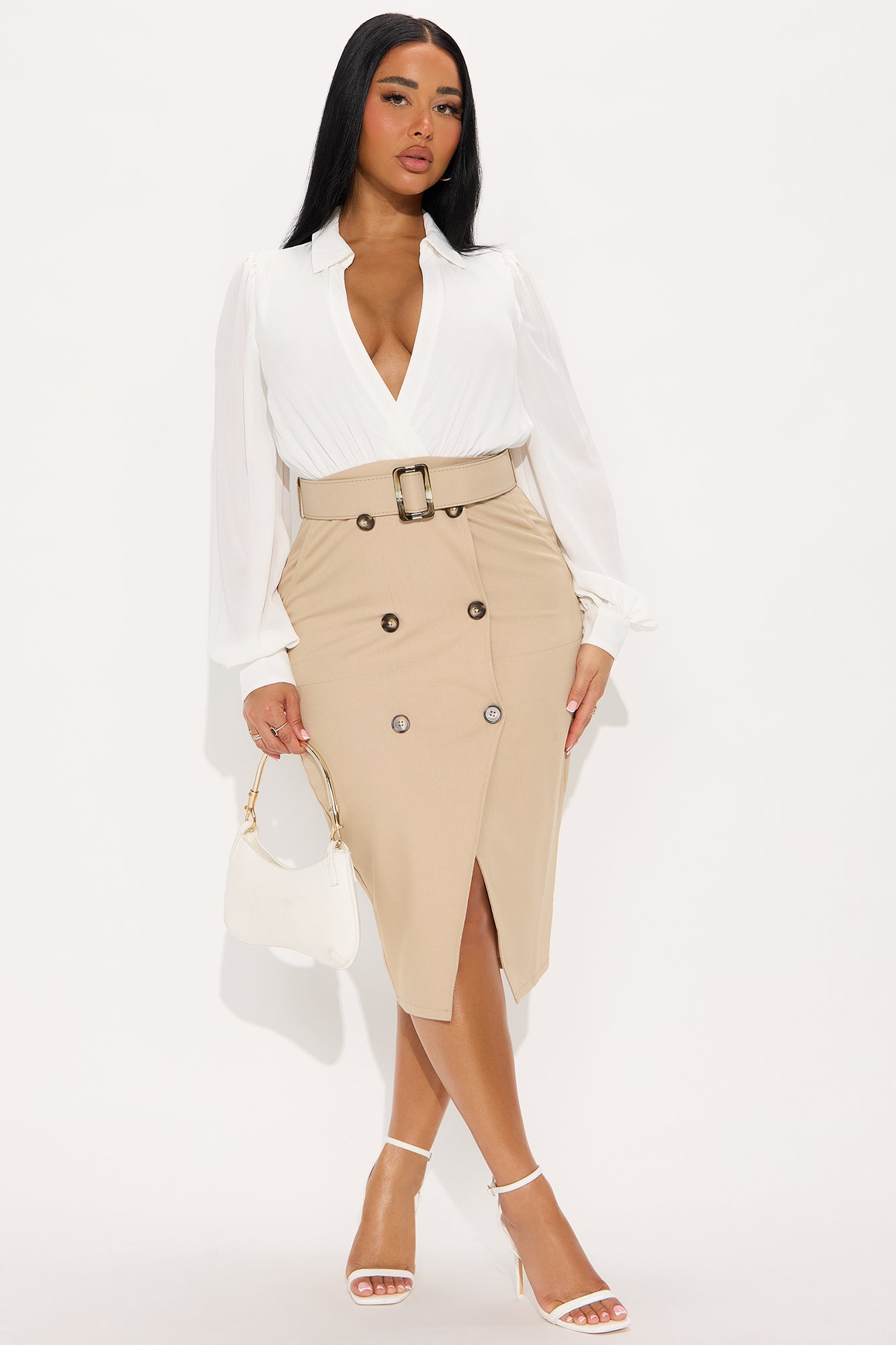 Business As Usual Belted Shirt Midi Dress - Khaki/combo