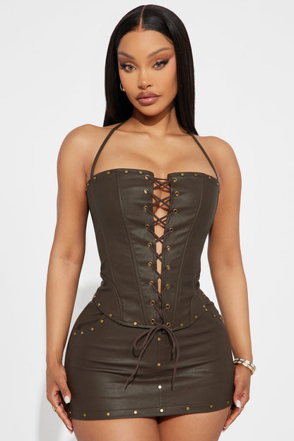 Sienna Faux Leather Skort Set - Brown