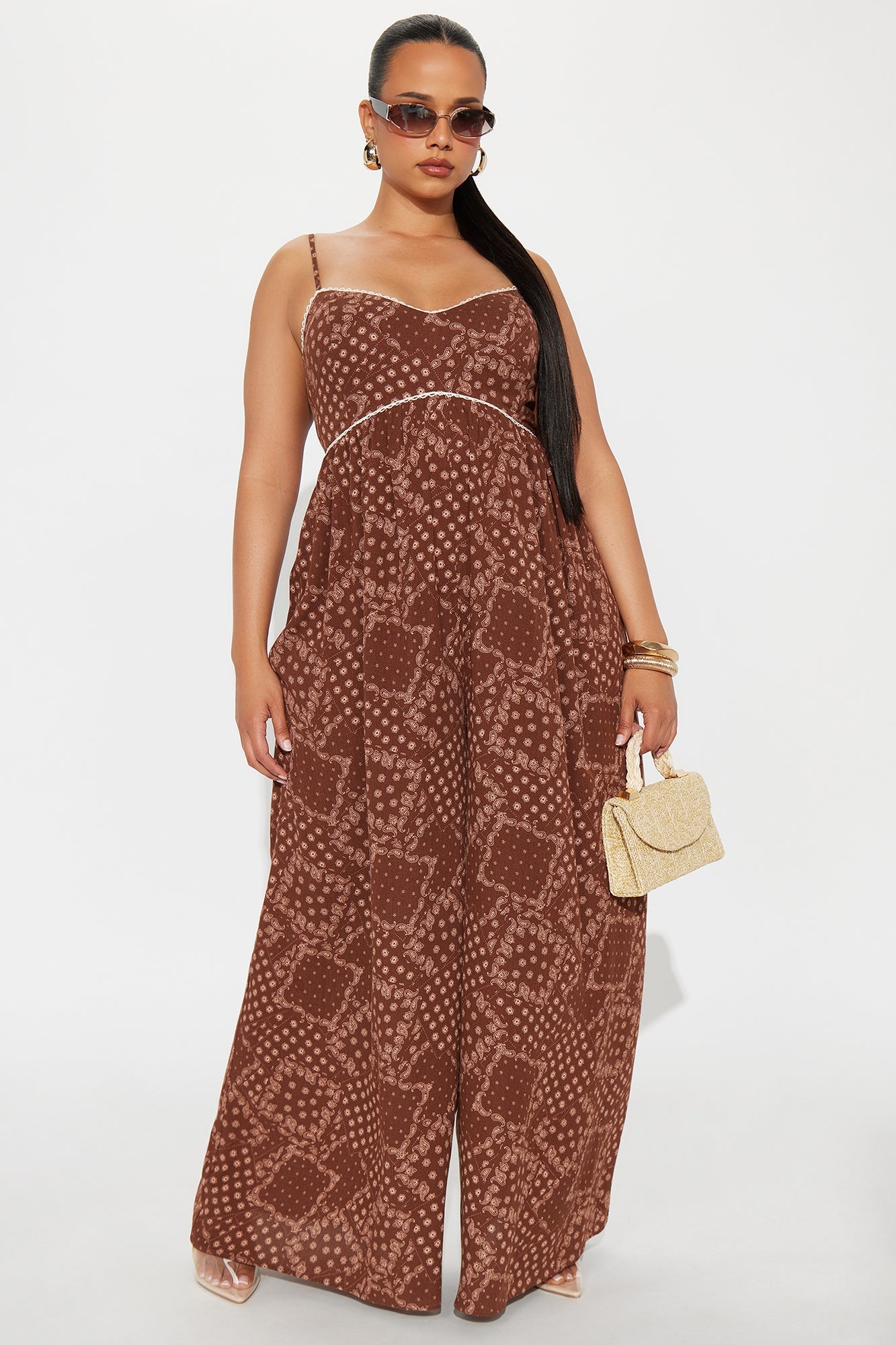 Bethany Gauze Wide Leg Jumpsuit - Brown/combo