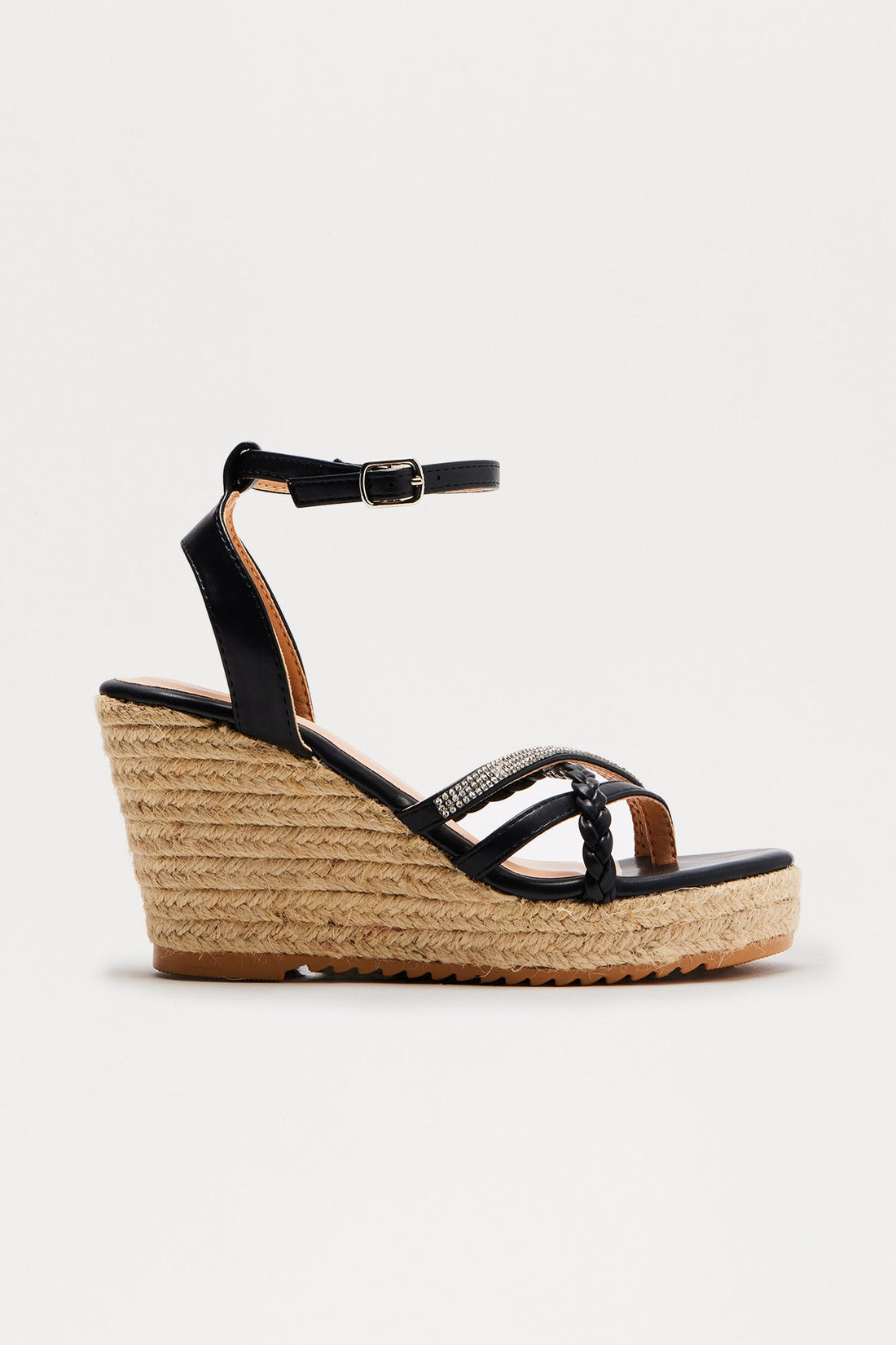 Shauny Rhinestone Trim Jute Wedges - Black
