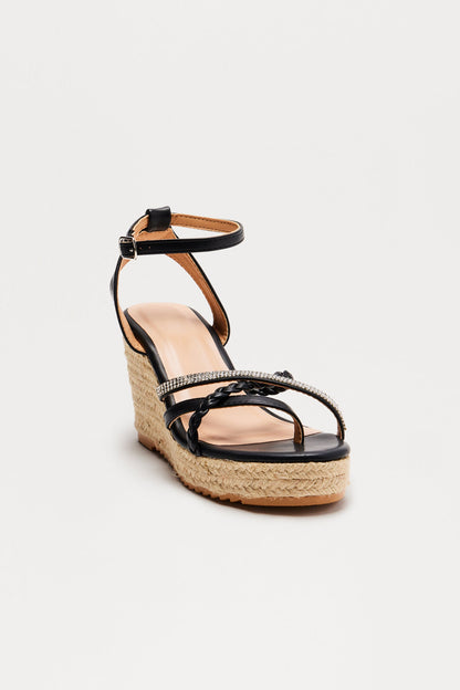 Shauny Rhinestone Trim Jute Wedges - Black