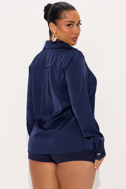 Glowing In Satin Blouse - Navy