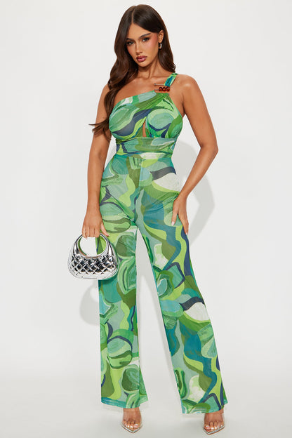 Maribel Mesh Abstract Print Jumpsuit - Green/combo