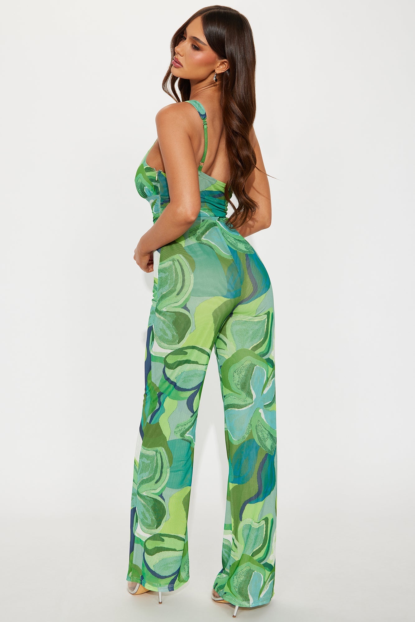 Maribel Mesh Abstract Print Jumpsuit - Green/combo