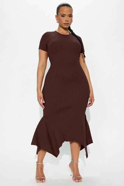 Rare Catch Ribbed Midi Dress - Chocolate