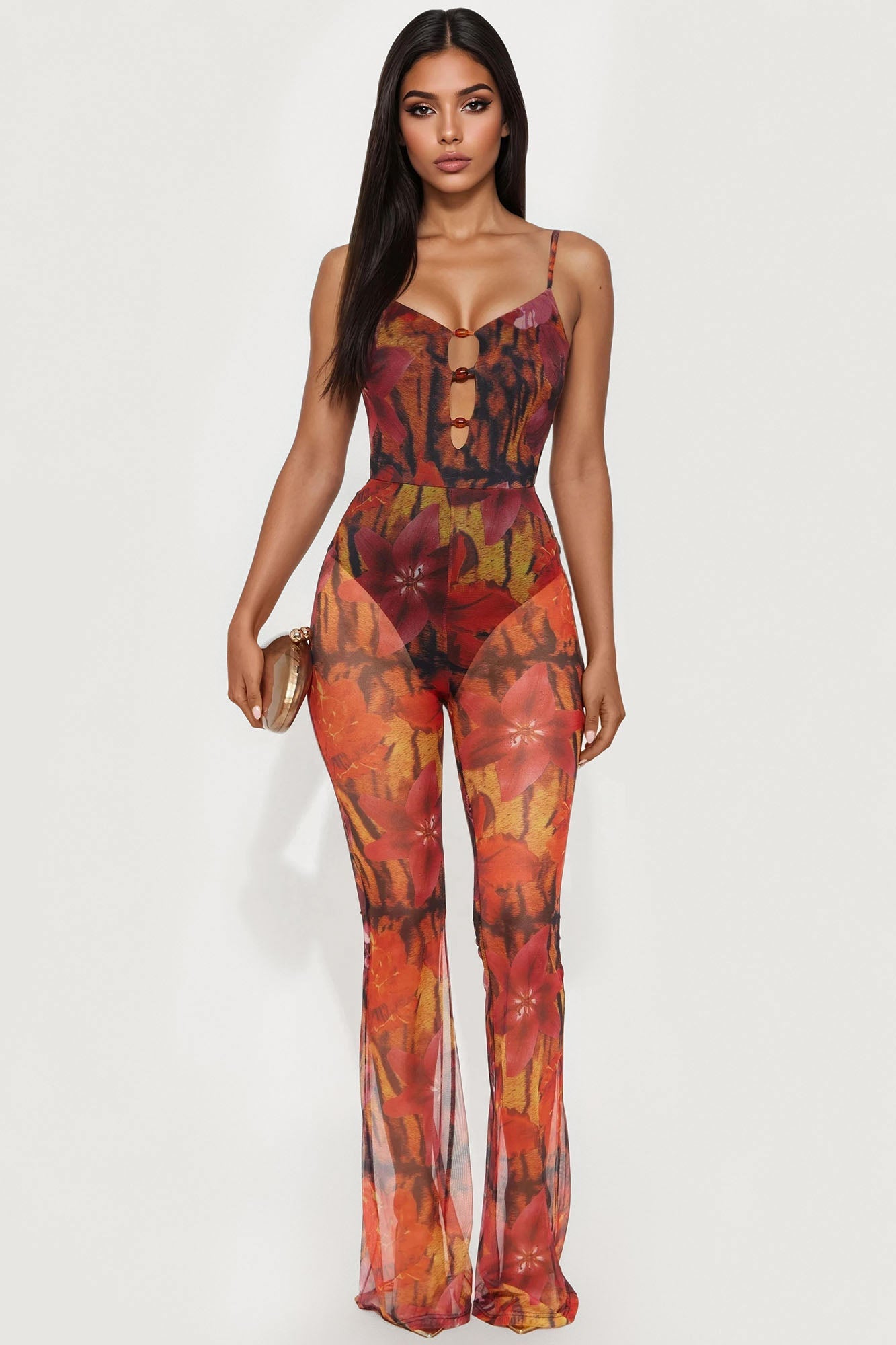 Petal Fantasy Mesh Flare Leg Jumpsuit - Rust/combo
