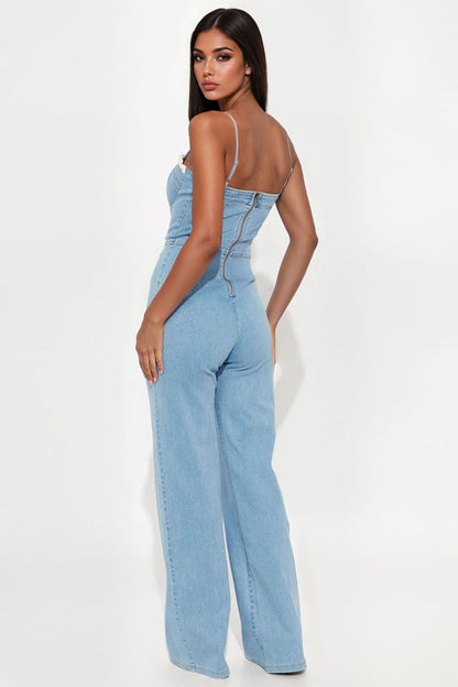 Sweet Side Washed Denim Jumpsuit - Light Wash