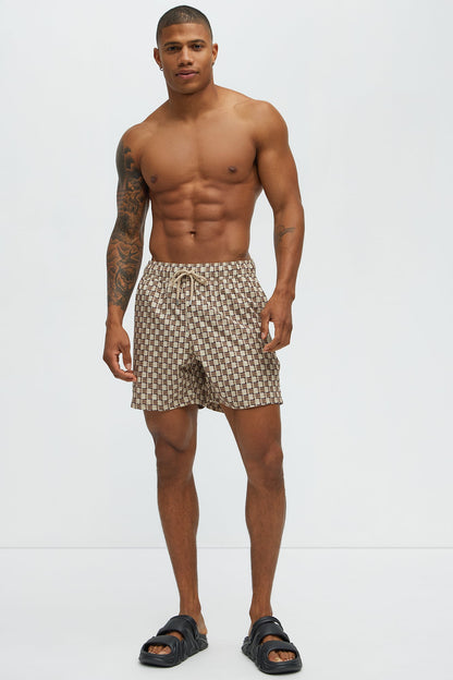 Weave Printed Swim Mid Trunk - Brown Combo