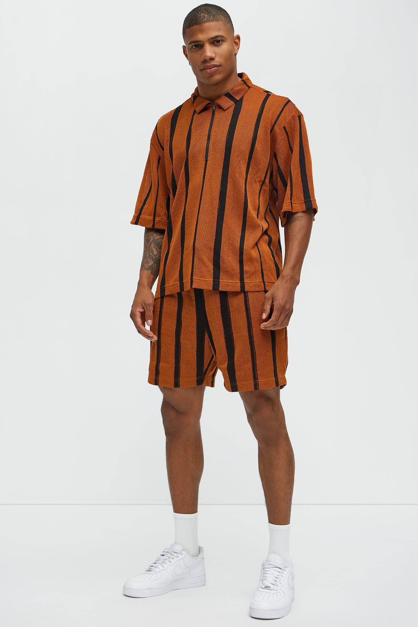 Open Knit Striped Textured Relaxed Short - Brown