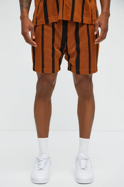 Open Knit Striped Textured Relaxed Short - Brown