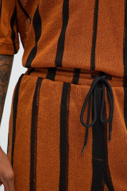 Open Knit Striped Textured Relaxed Short - Brown