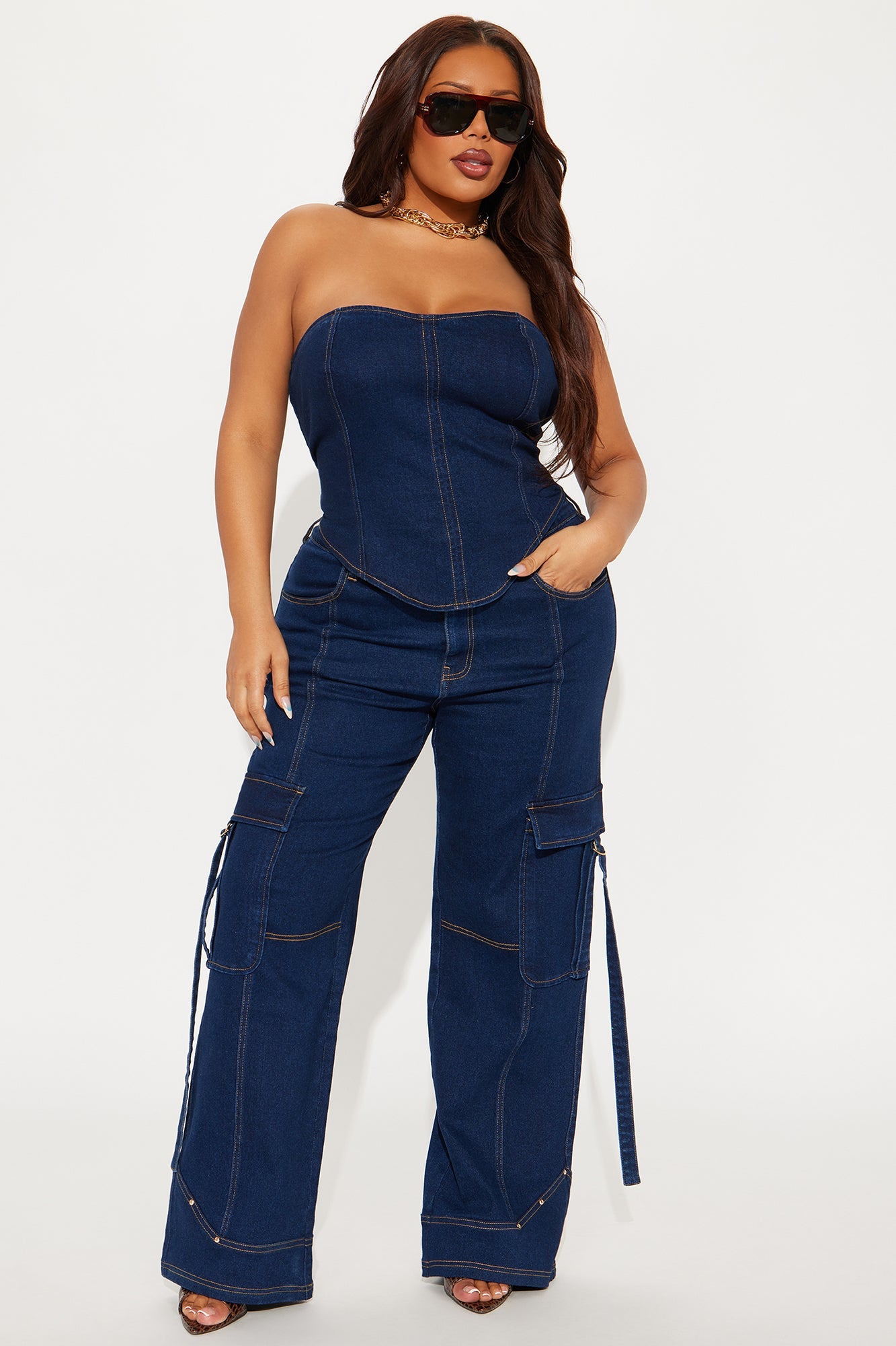 Denim Rebel Tube Top Wide Leg Pant Set - Dark Denim