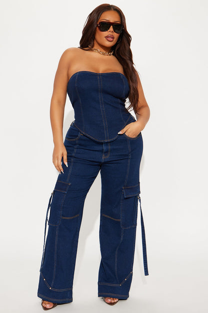 Denim Rebel Tube Top Wide Leg Pant Set - Dark Denim