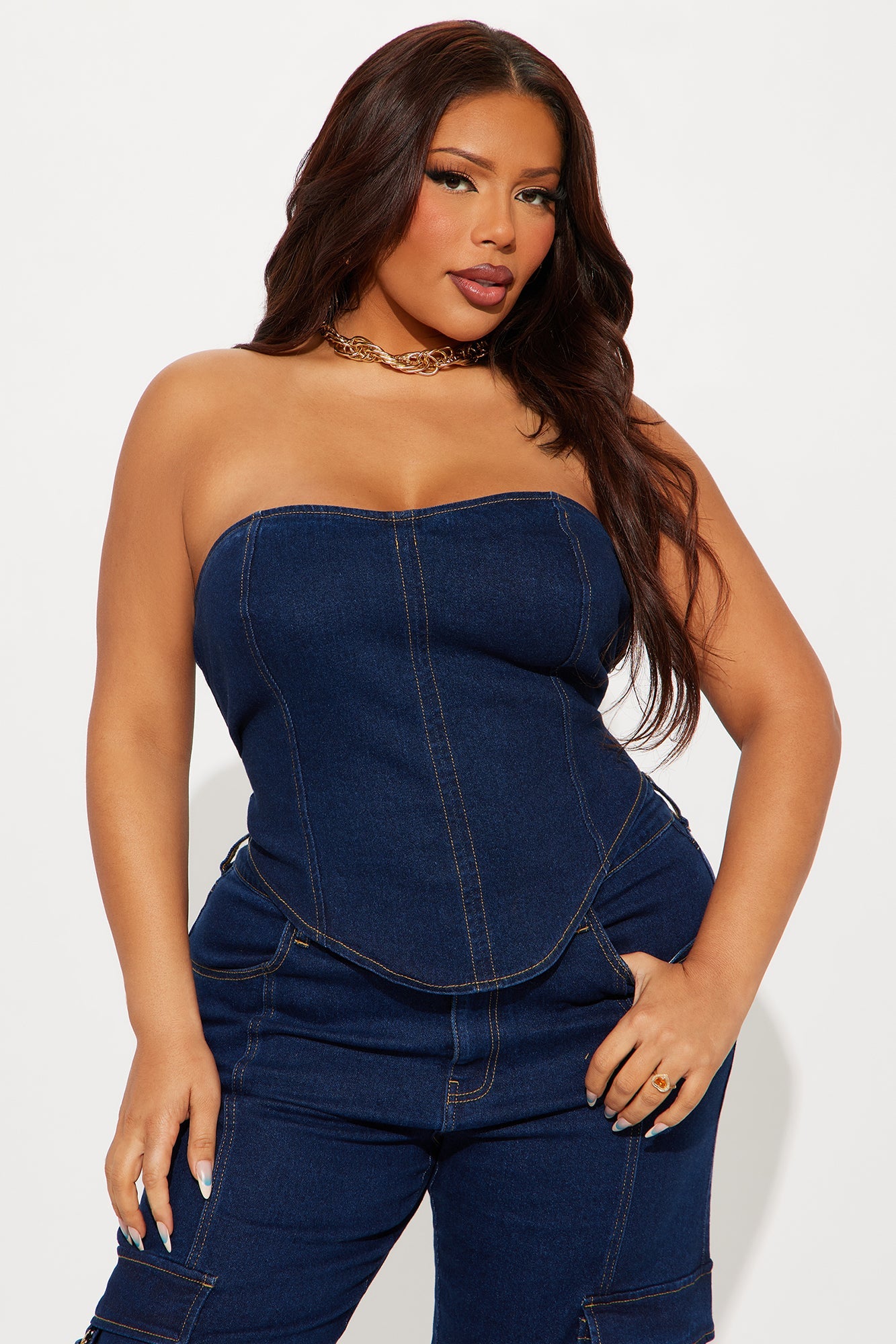 Denim Rebel Tube Top Wide Leg Pant Set - Dark Denim