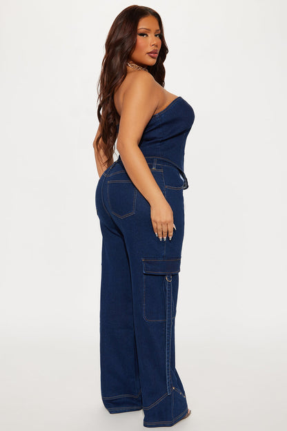 Denim Rebel Tube Top Wide Leg Pant Set - Dark Denim