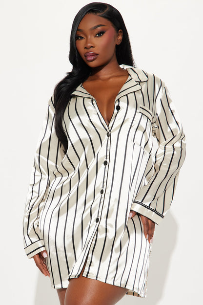 Elle Satin Long Sleeve PJ Sleep Shirt - Ivory/combo