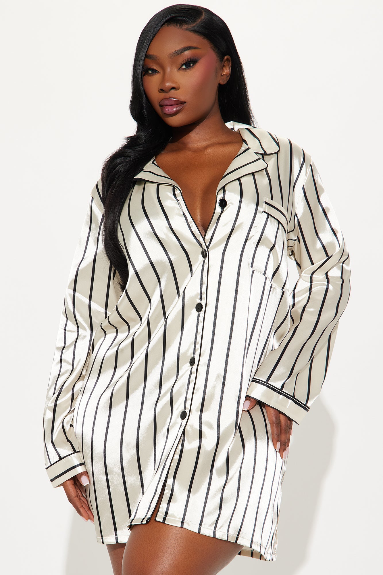 Elle Satin Long Sleeve PJ Sleep Shirt - Ivory/combo