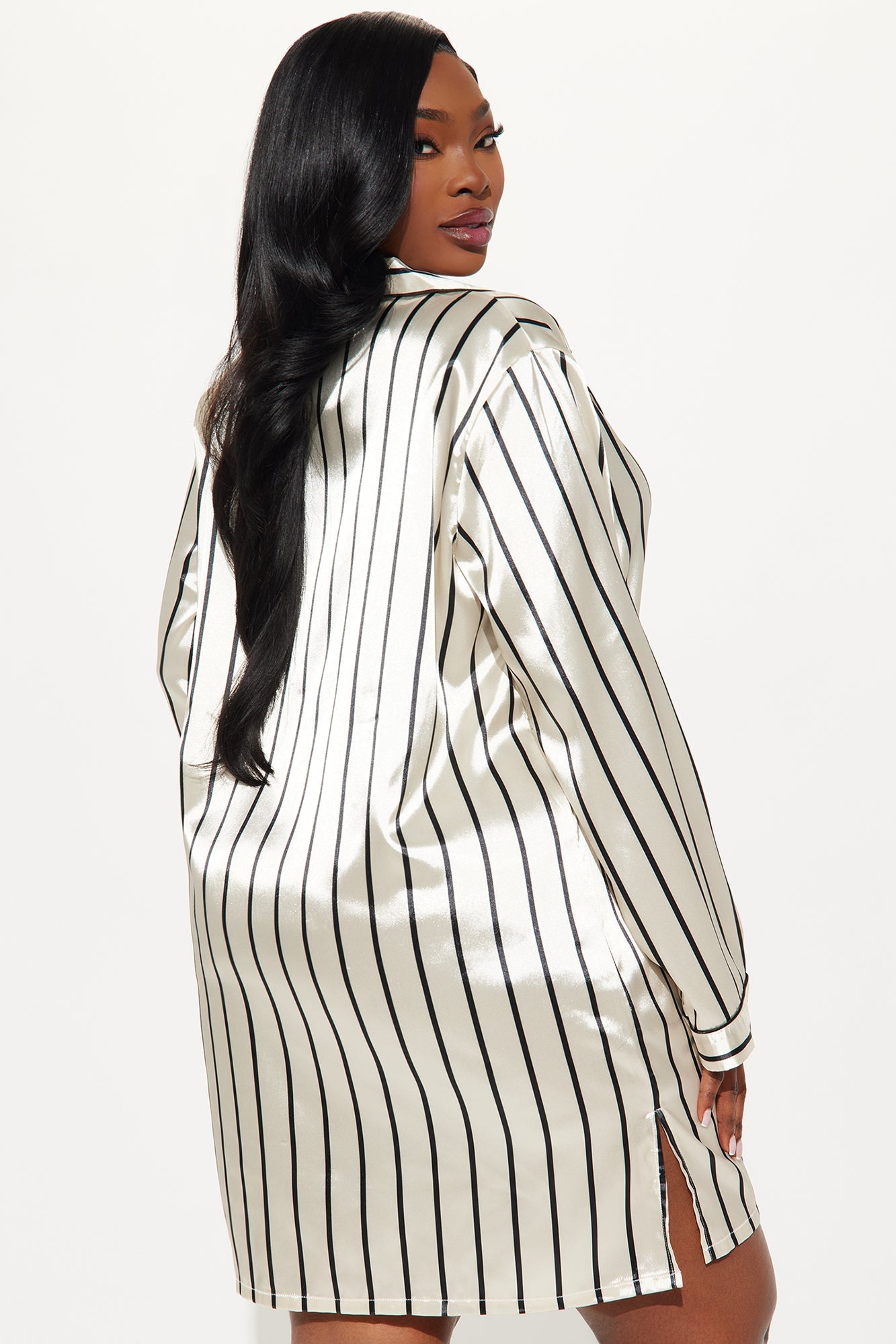 Elle Satin Long Sleeve PJ Sleep Shirt - Ivory/combo