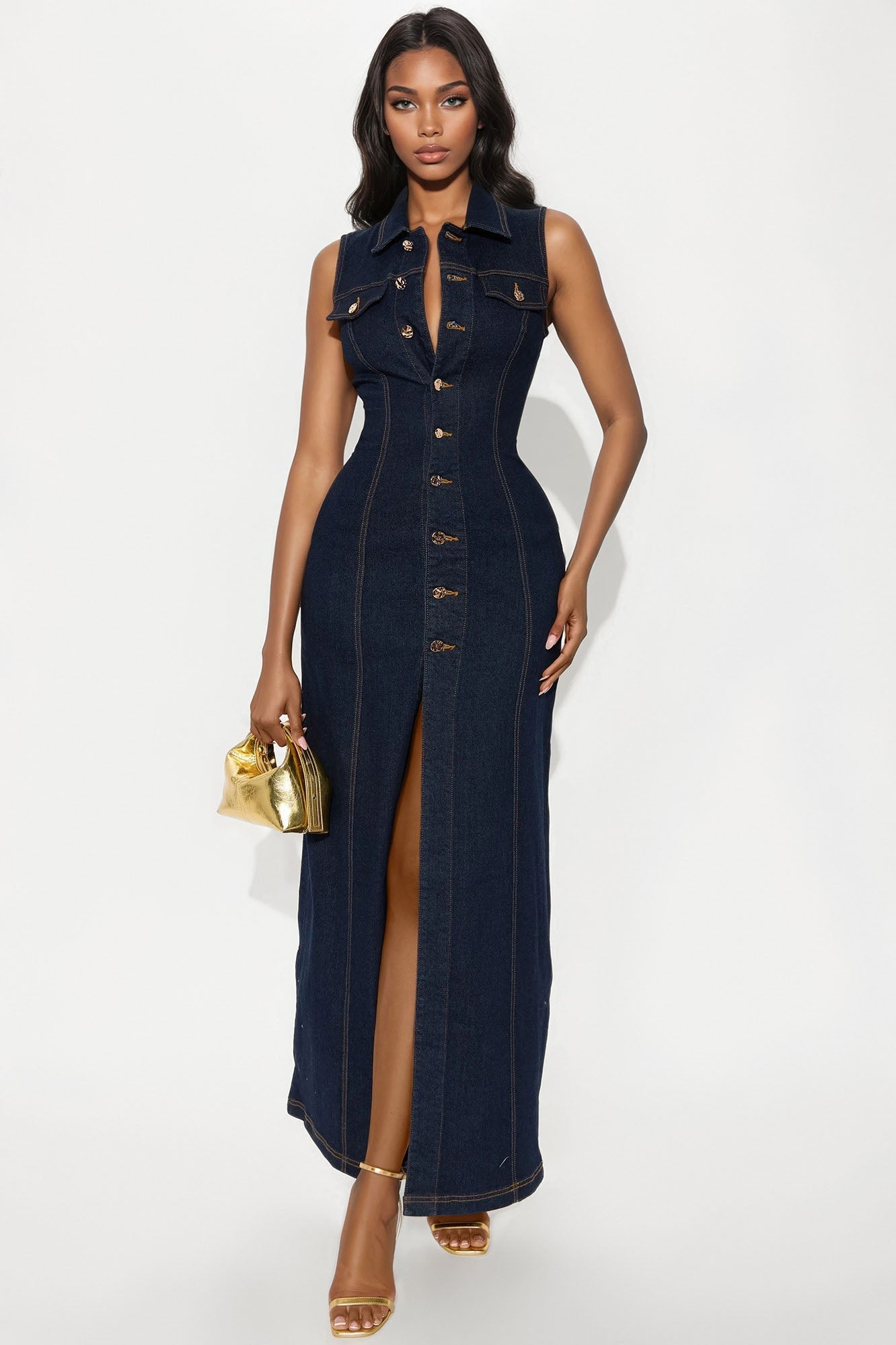 Deandra Denim Stretch Maxi Dress - Dark Denim