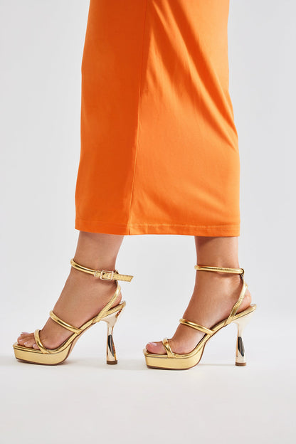 No Vacancy Metallic Heeled Sandals - Gold