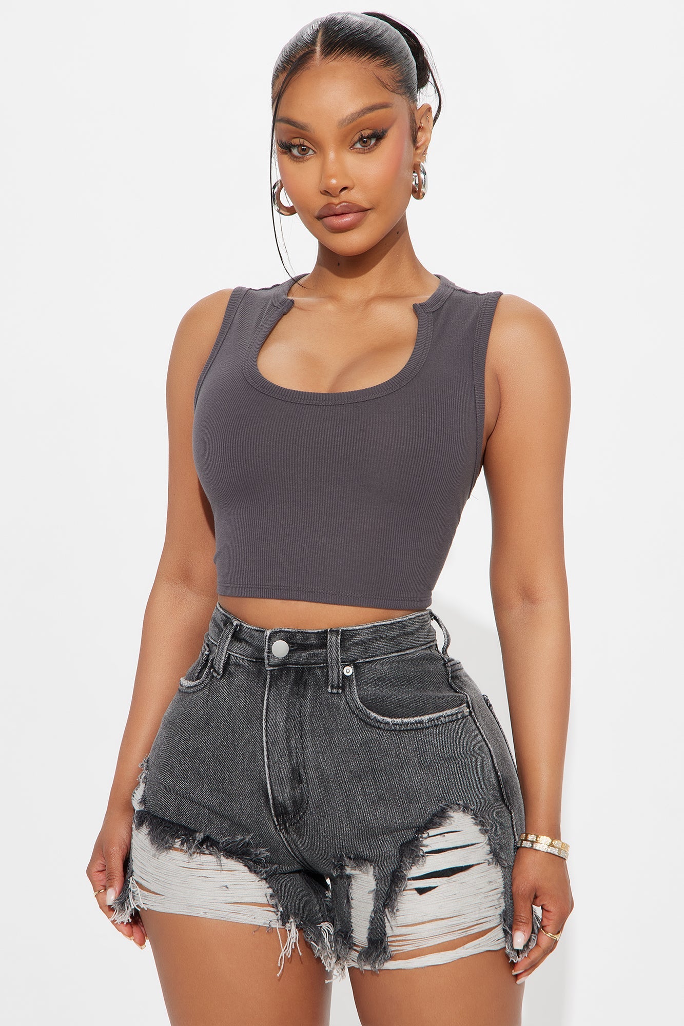 Alexis Ribbed Sleeveless Tank Top - Charcoal