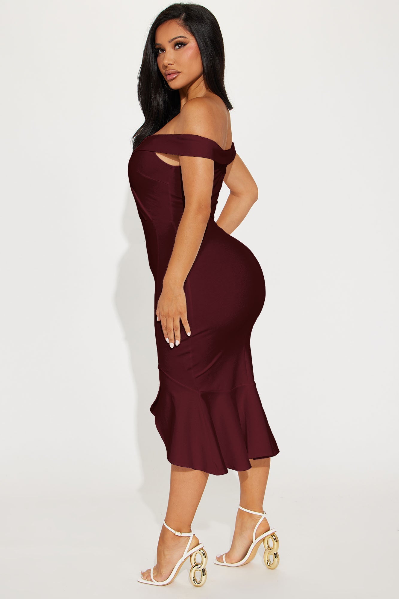Eloise Off Shoulder Body Sculpting Midi Dress - Wine