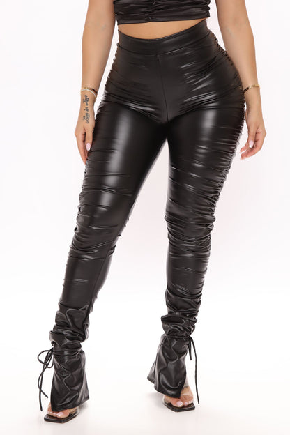 Heat Wave Faux Leather Stacked Legging - Black