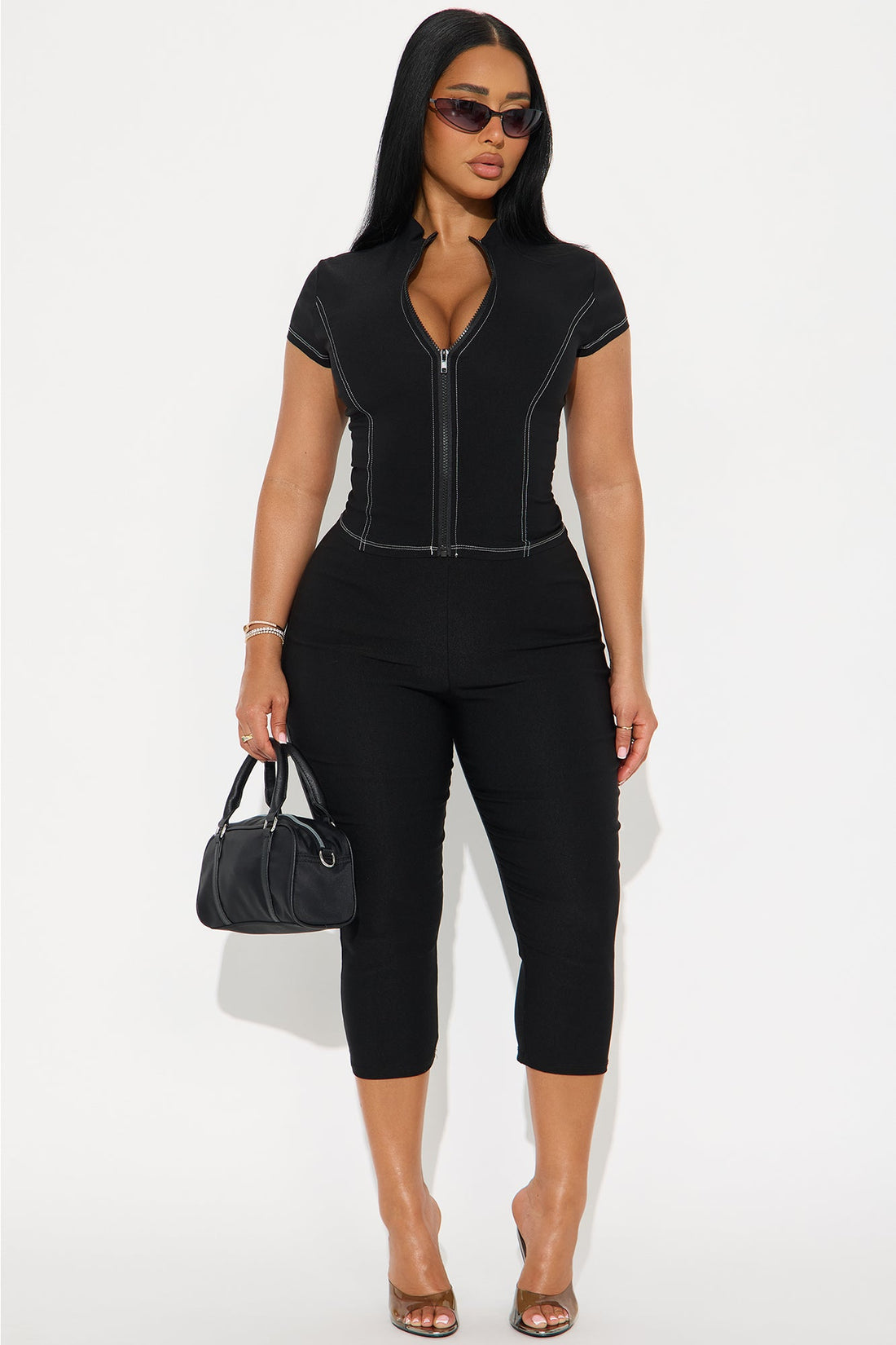Local Girly Zip Up Mock Neck Top - Black