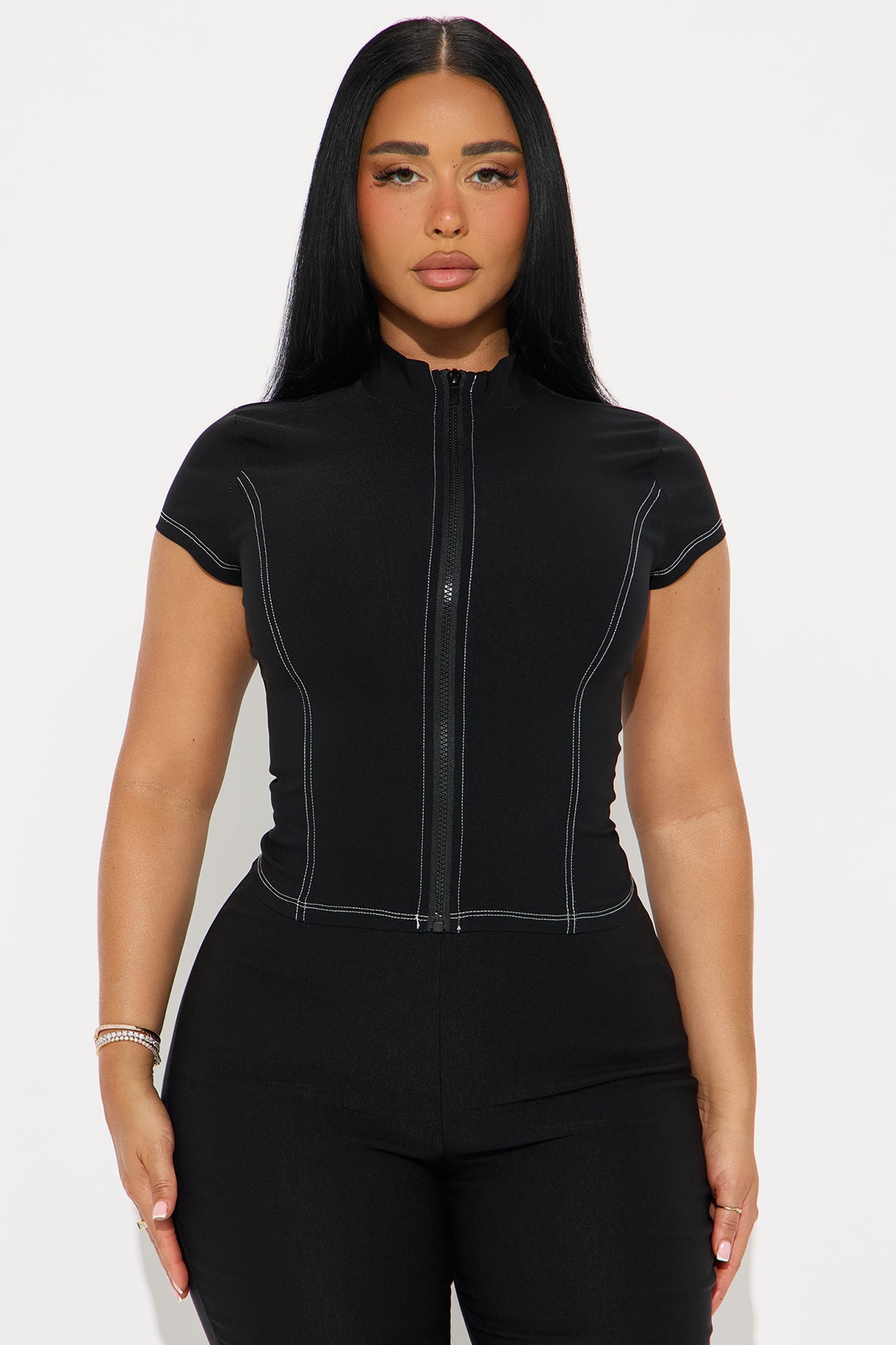 Local Girly Zip Up Mock Neck Top - Black