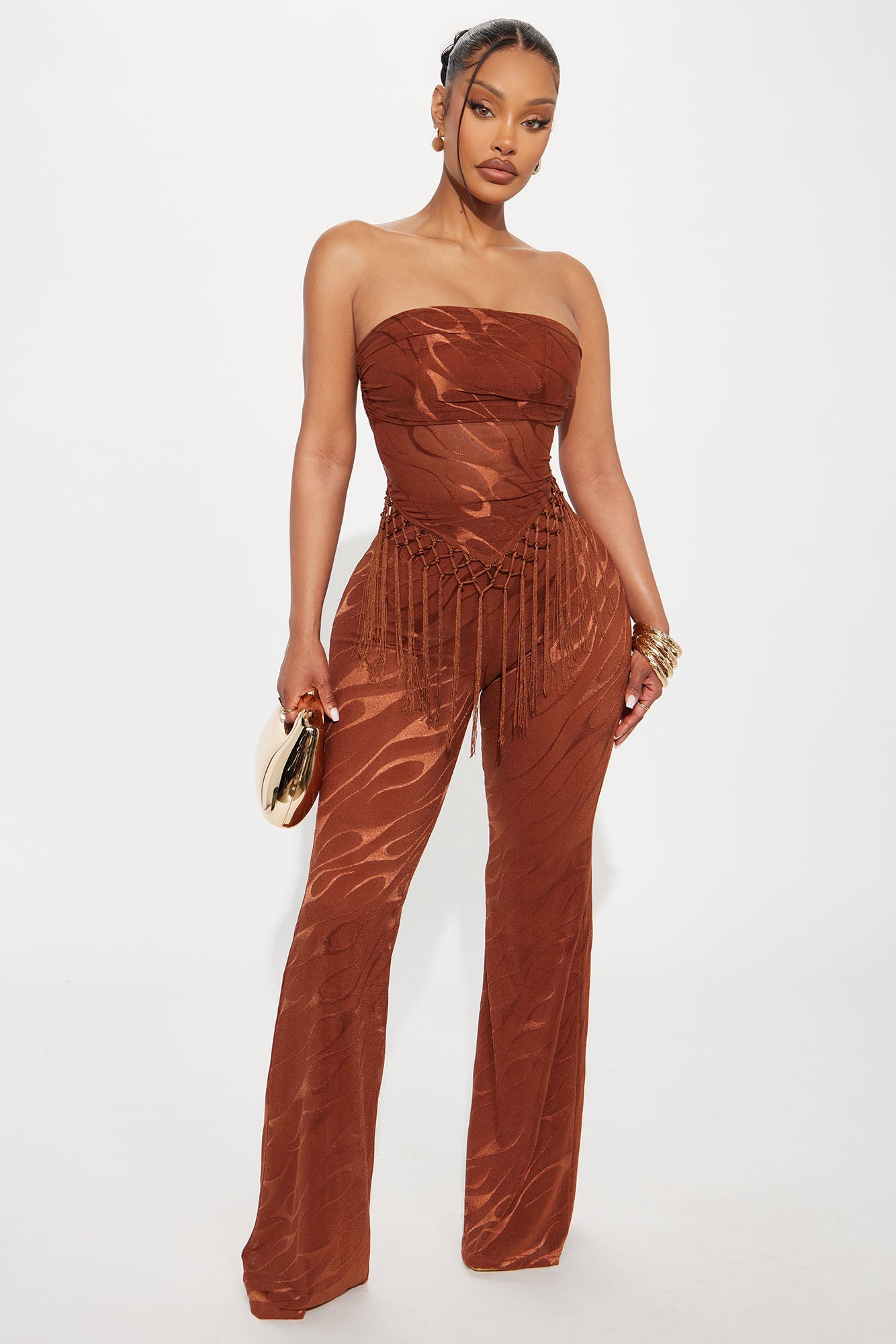 Pia Fringe Tube Top Flare Pant Set - Rust