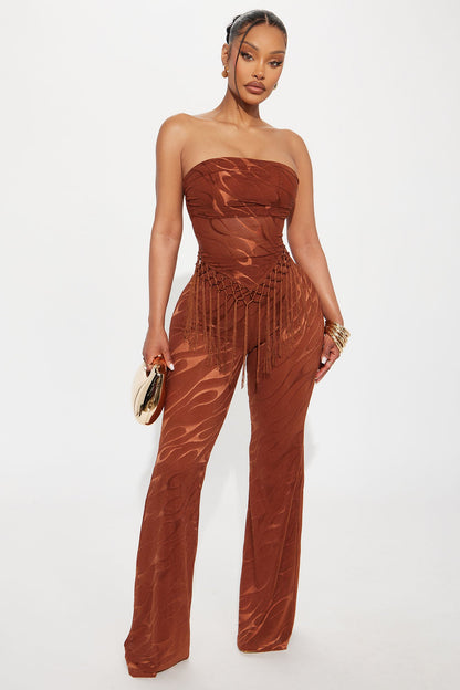 Pia Fringe Tube Top Flare Pant Set - Rust