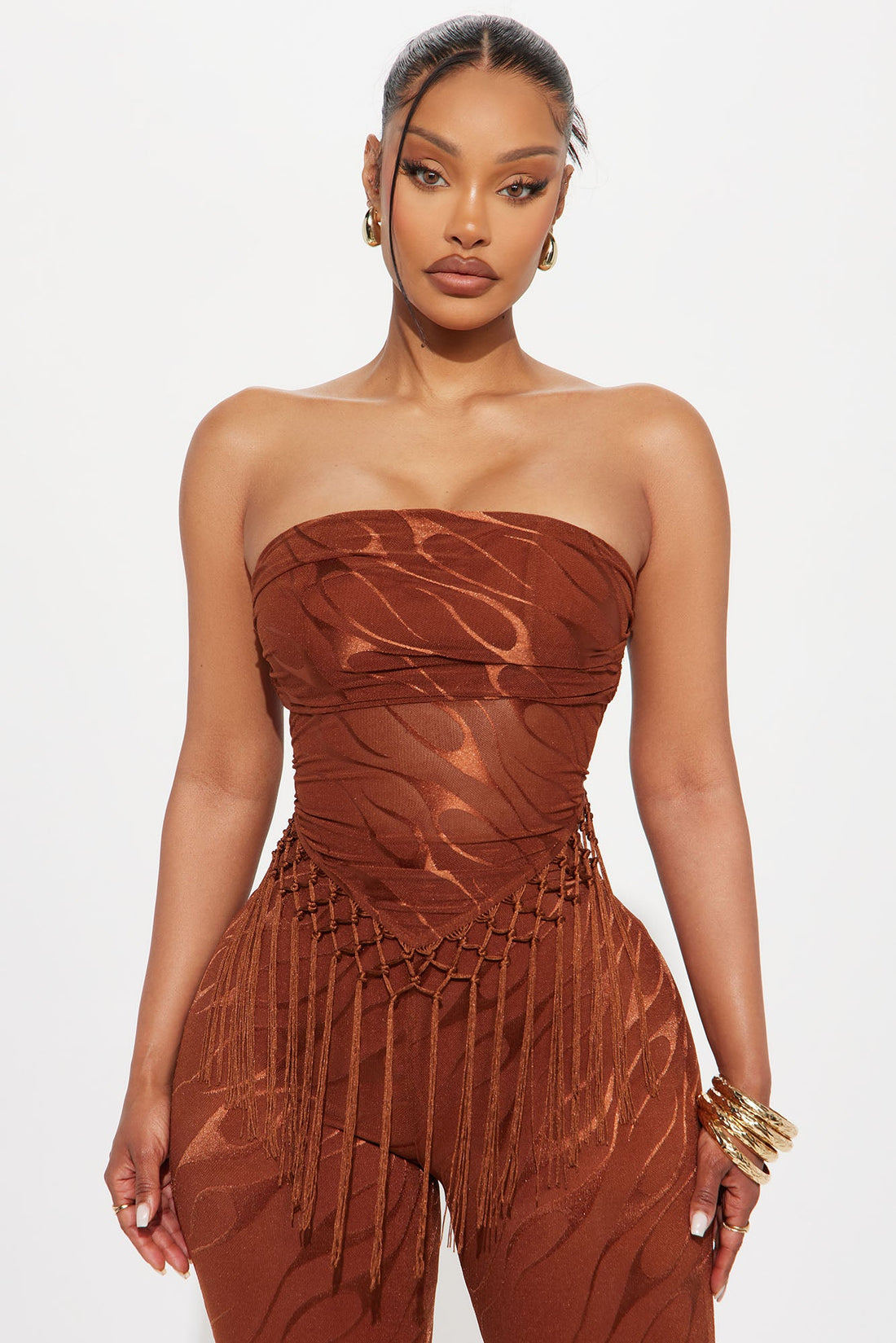 Pia Fringe Tube Top Flare Pant Set - Rust