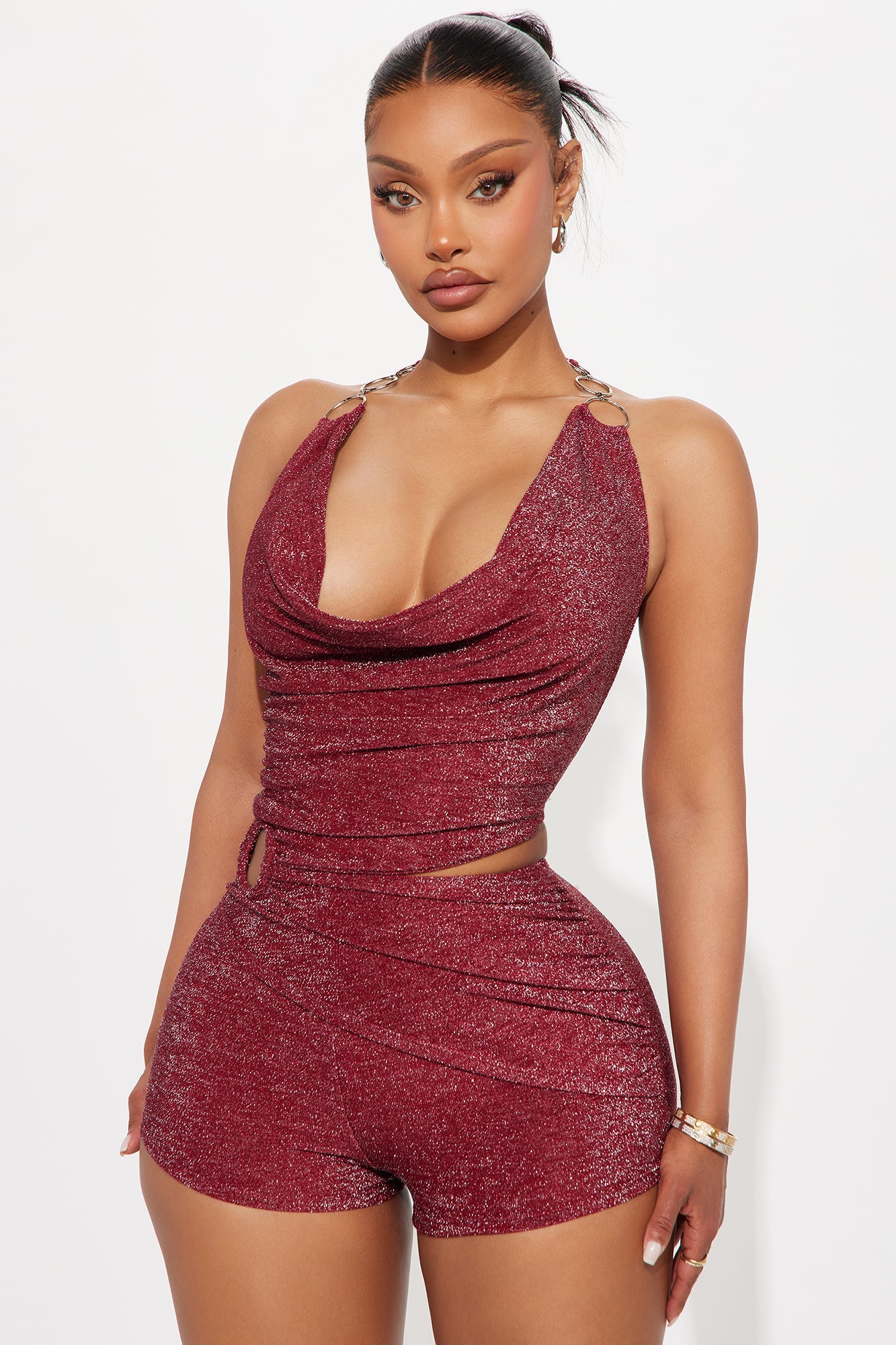 Lola Metallic Halter Romper - Wine