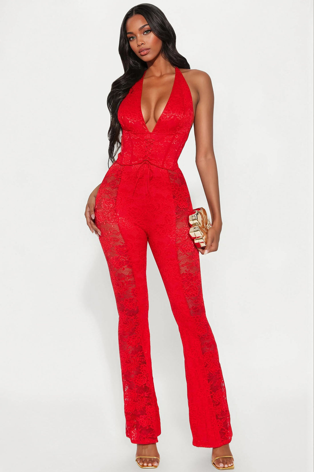 Analisa Lace Halter Jumpsuit - Red