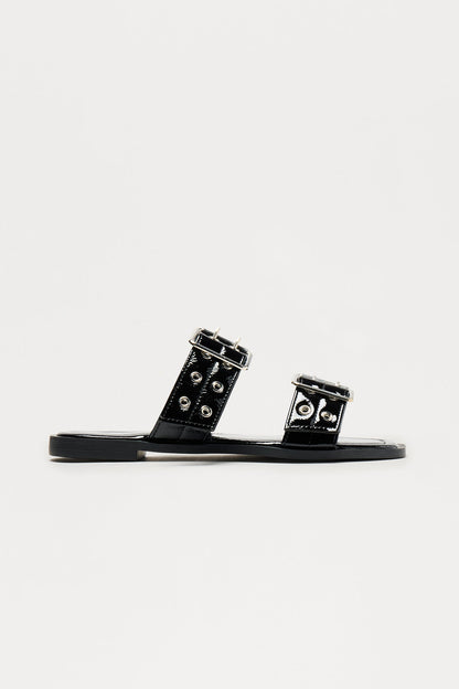 Wright Faux Patent Buckle Sandals - Black