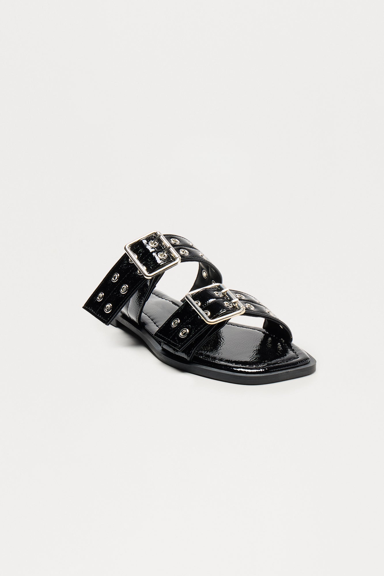 Wright Faux Patent Buckle Sandals - Black