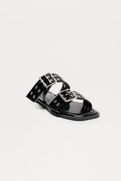 Wright Faux Patent Buckle Sandals - Black