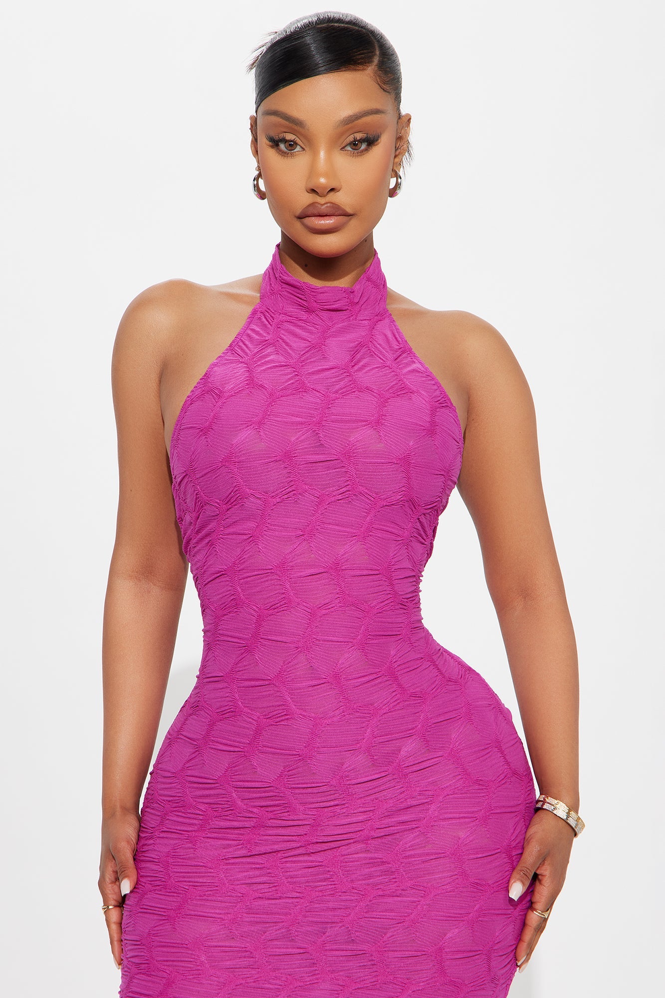 Jada High Neck Halter Midi Dress - Hot Pink